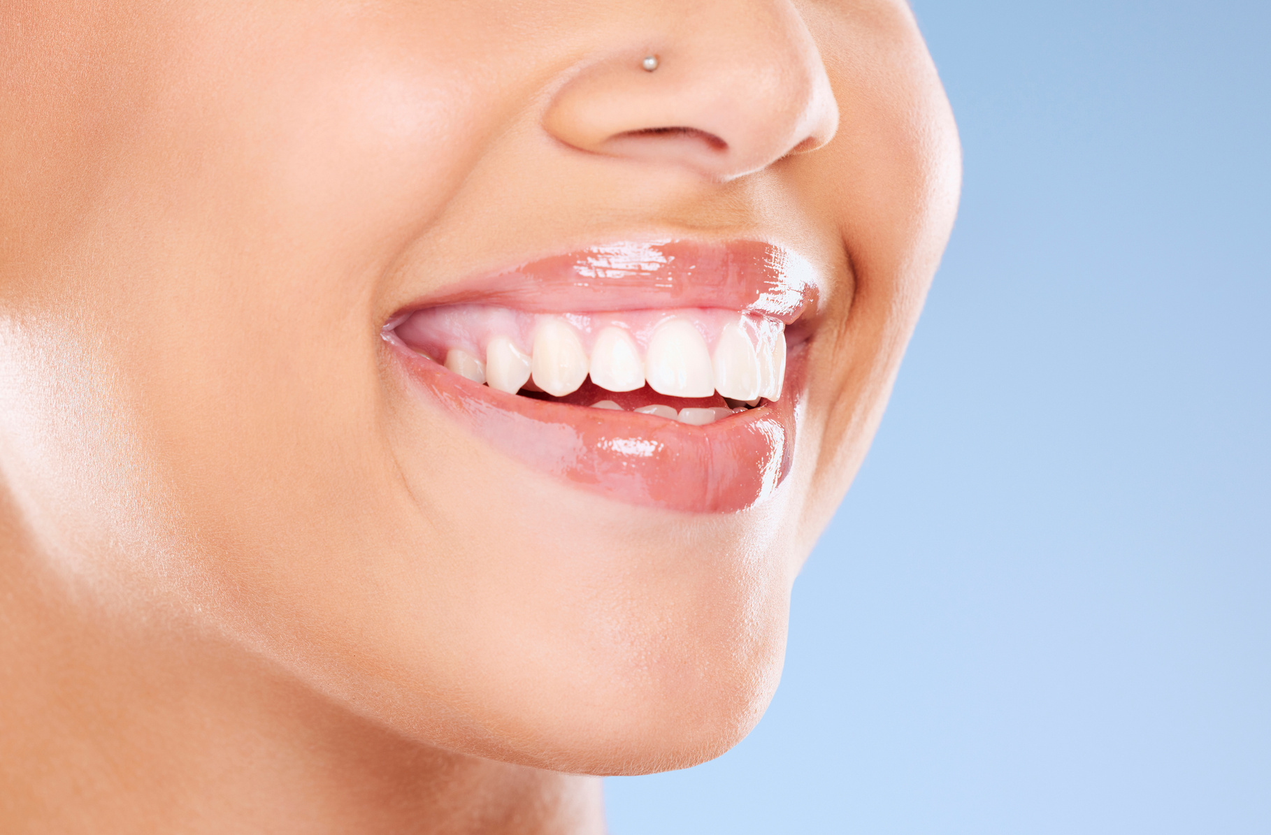 Teeth, Mouth and Beauty with Woman and Smile, Dental Care and Invisalign with Teeth Whitening and Lips against Studio Background. Face, Healthy Skin and Veneers with Cosmetic Care and Lip Filler Zoom